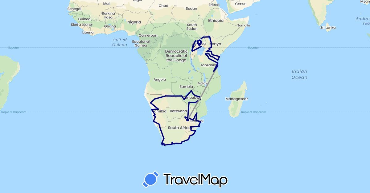 TravelMap itinerary: driving, plane in Kenya, Namibia, Swaziland, Tanzania, Uganda, South Africa, Zimbabwe (Africa)